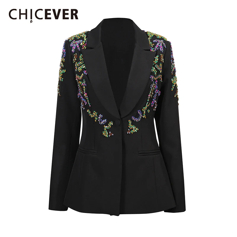 

CHICEVER Black Spliced Beads Luxury Jacket Female Lapel Long Sleeve Loose Office Lady Women's Jackets Autumn Fashion New Style