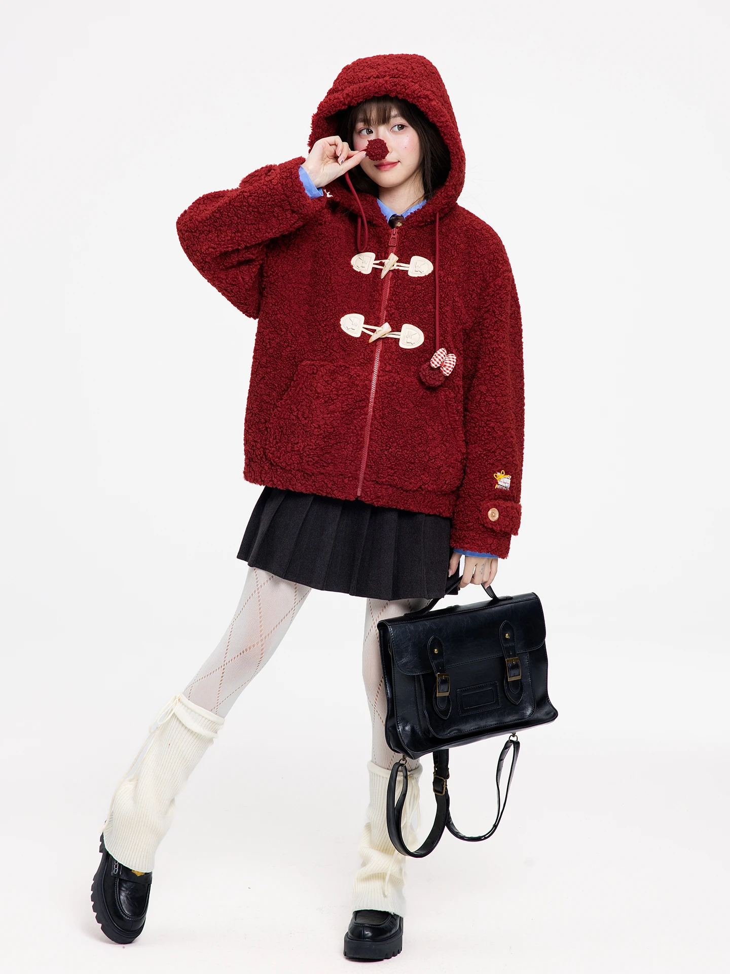 

Sweet Fi Low Salt Red Lamb Fur Jaet Women's New Year's Slimming Cotton Coat ort Sle Stand Version with Hat