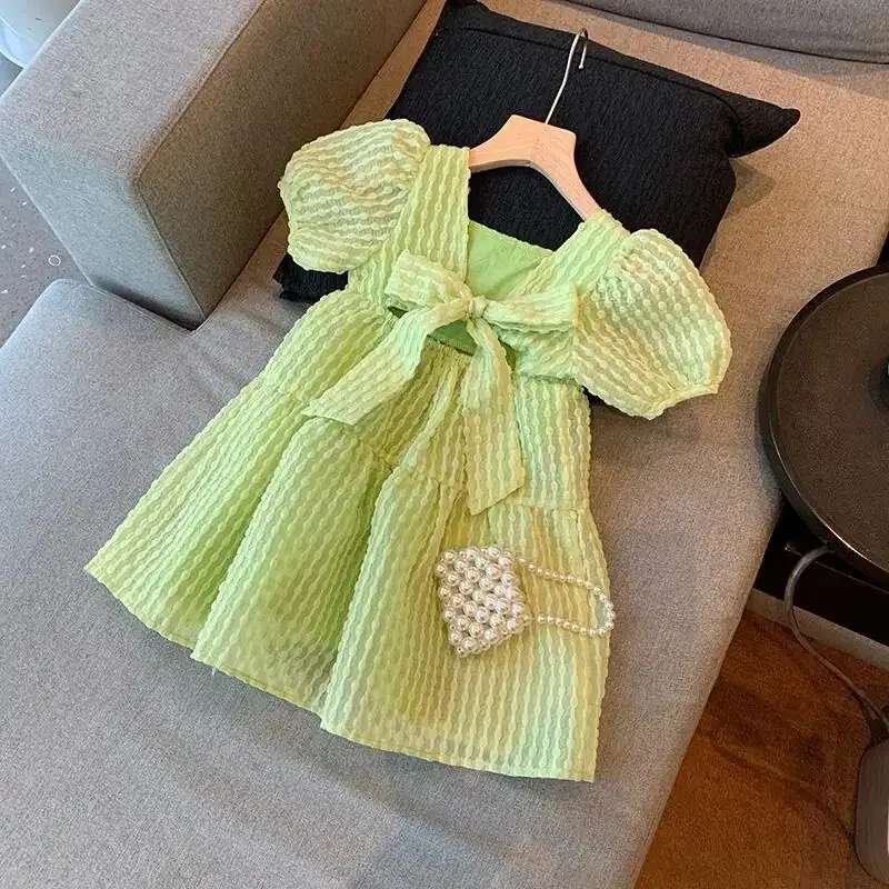 

Children's Short Sleeve Dress New Summer Girl Baby Open Back Bow Princess Dress Foreign Bubble Sleeve Dress