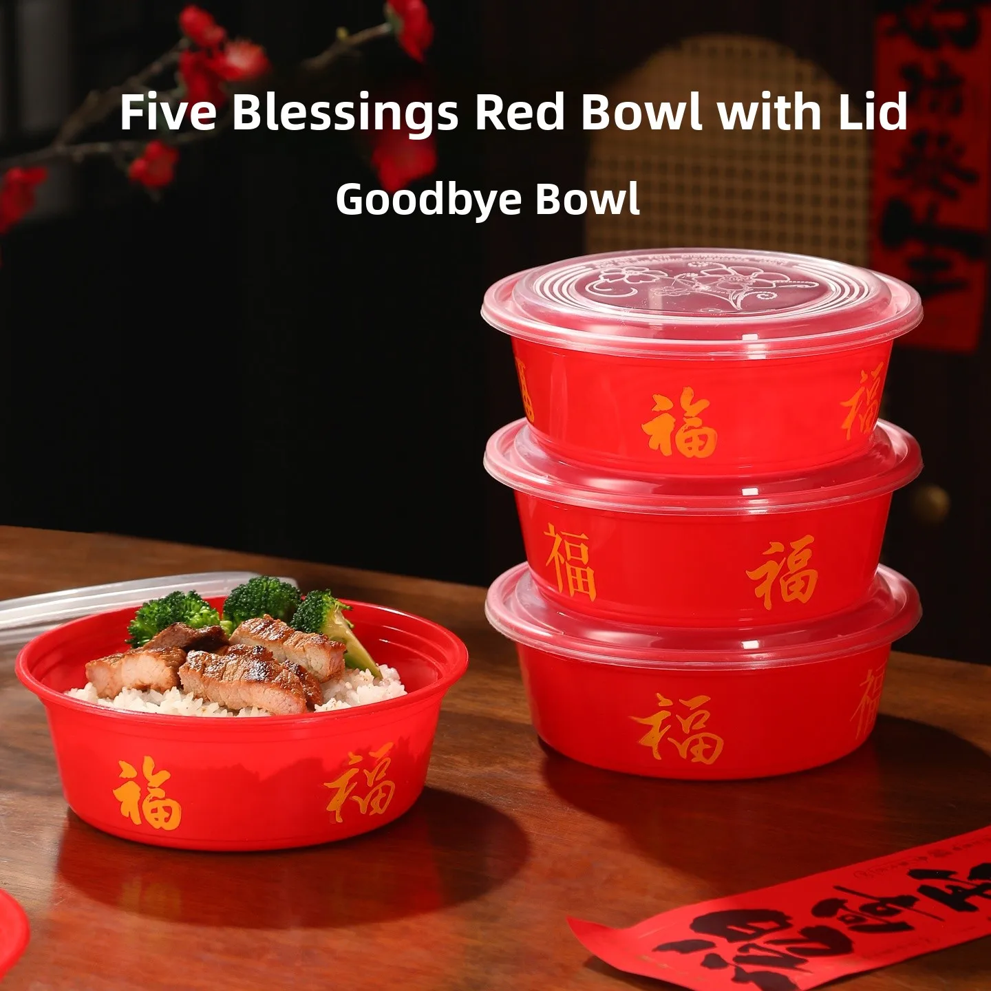 

Red Five Fortunes Disposable Food Grade Plastic round Lunch Box with Lid Celebration Offering Dish Biodegradable Eco Friendly