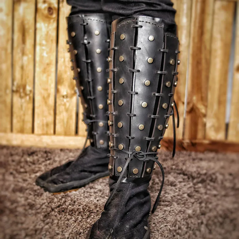 Armadura de pierna de Pu de caballero samurái Steampunk Medieval, Vikingo, Pirata, espinillera, polainas de fantasía, cubierta de zapatos, accesorios de Cosplay