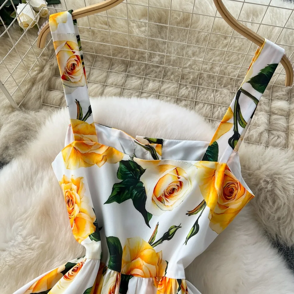 Sexy Backless Print Pleated Slip Dress A-line Chic sweet Casual basics Beach Vacation Women Summer Vintage bohemian Dresses