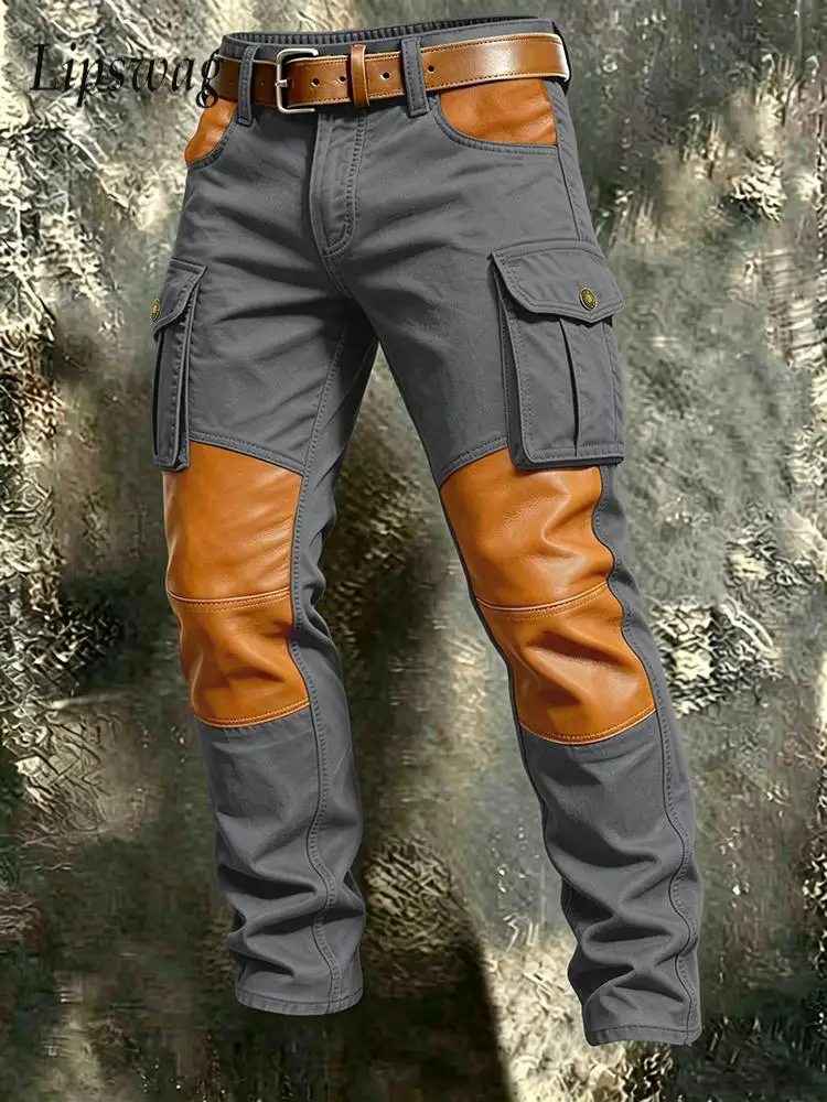 Fashionable Multi-pockets Denim Jeans Mens Fall Outdoor Patchwork Straight Cargo Pants Vintage Loose Trousers