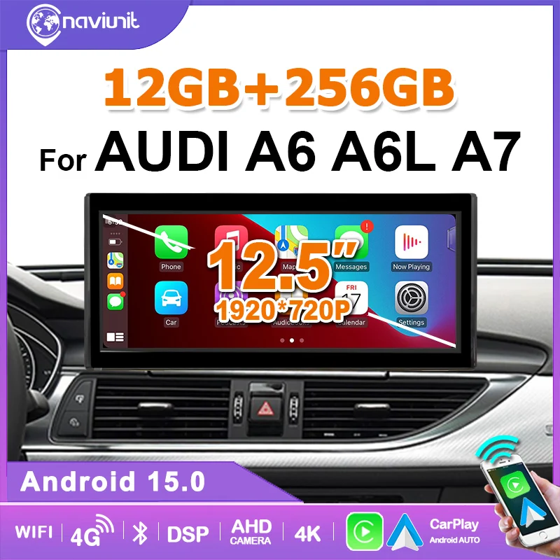 Pantalla de radio para coche de 12.5'' con Carplay inalámbrico y Android 15 para Audi A6 C7 A7 2012-2018, autoradio 2DIN, reproductor multimedia, GPS, 4G LTE