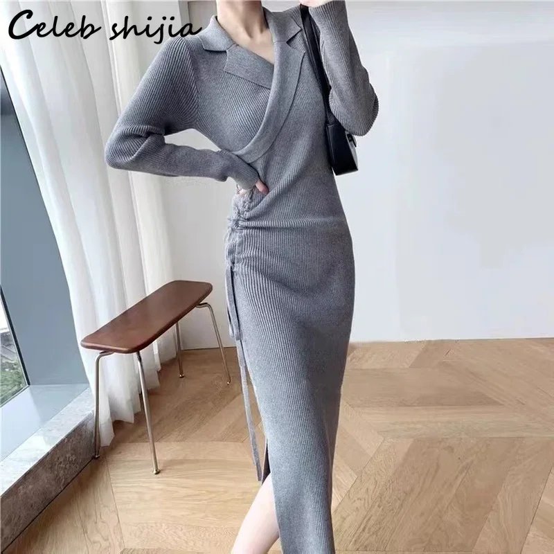 Gray Turn-down Collar Knitted Dress Women Winter  Fall Elegant Chic Wool Vestido Lady Business Streetwear Knitwear Clothing