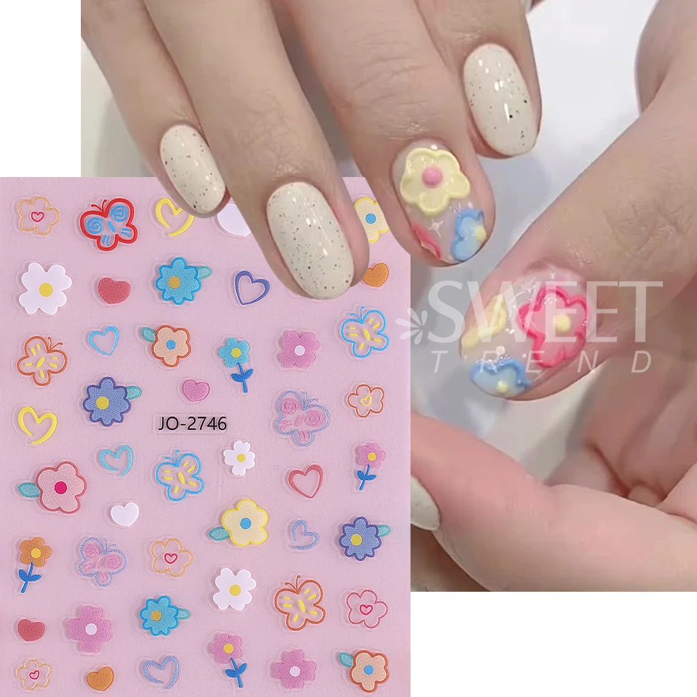 3/5pcs Cute Butterfly Flower Bow Nail Stickers Adhesive 3D Daisy Star Heart Bear Letter Nail Art Slider DIY Manicure Decorations