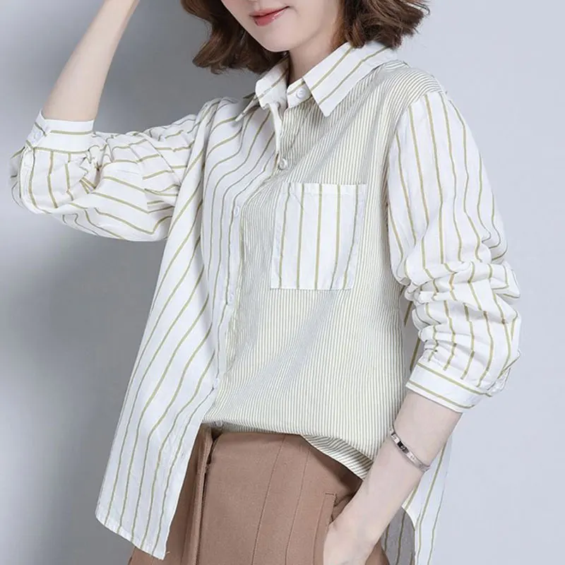 Women New Style Fashion Simplicity Striped Polo Collar Long Sleeve Shirts Women Clothes All-match Casual Loose Temperament Tops