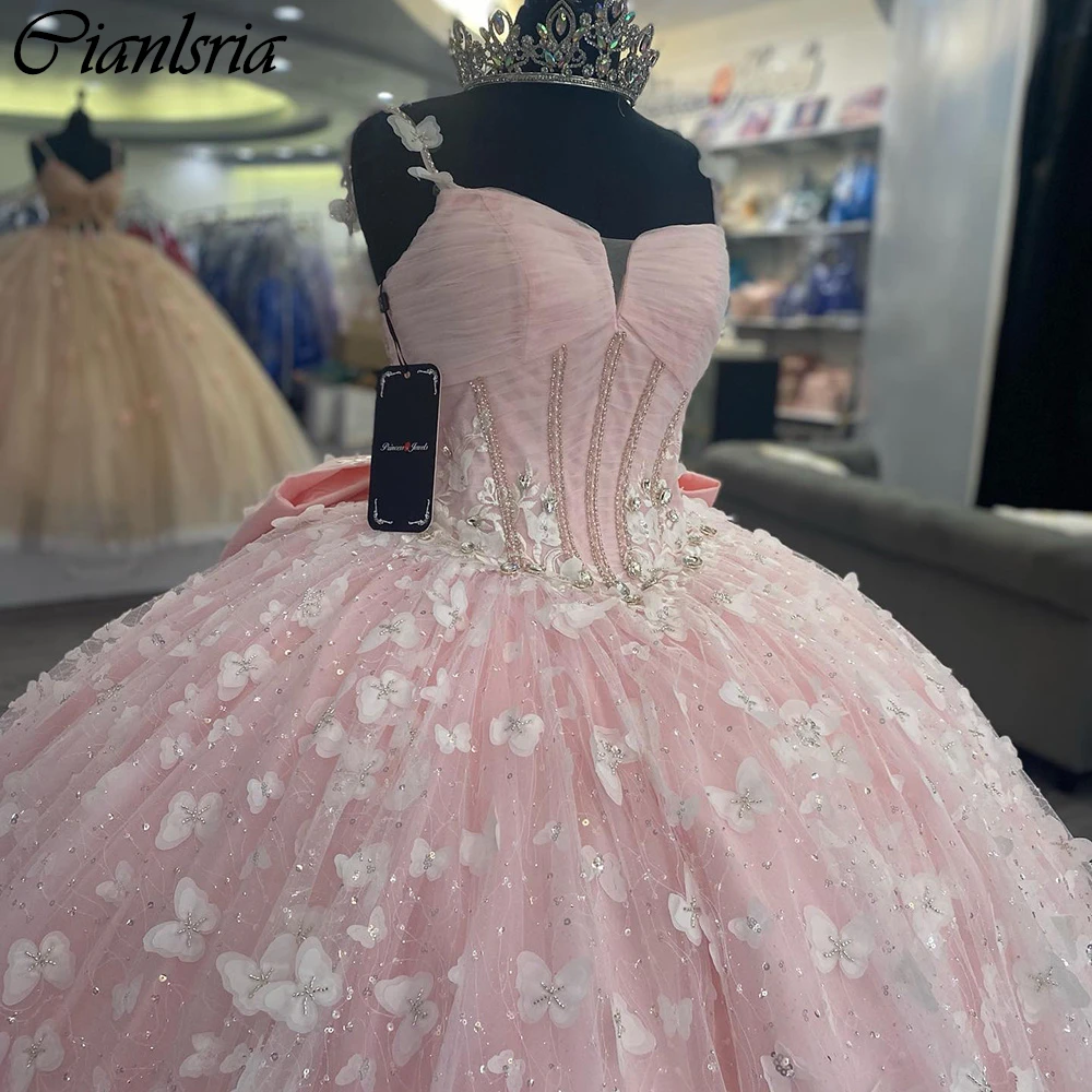 Vestido De quinceañera plisado con cuentas De cristal, vestido De baile, corsé con lazo De encaje De mariposa 3D, rosa, correa De espagueti, 15 Años