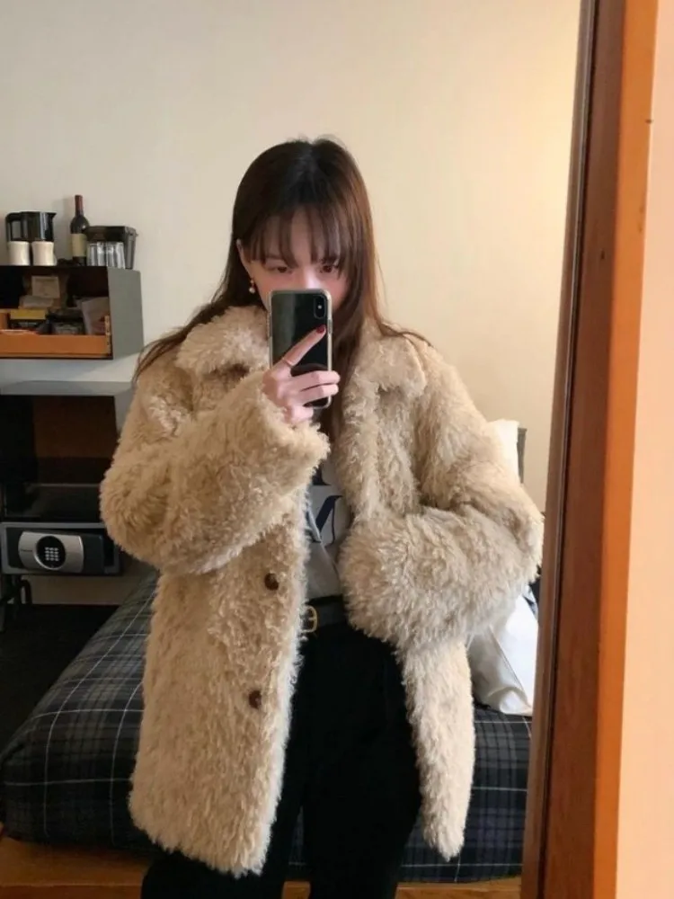 

Korean Sle Women's Fur Coat Spring Autumn Winter Faionable Plu Long Sve Medium Length Loose Fit Button Detail