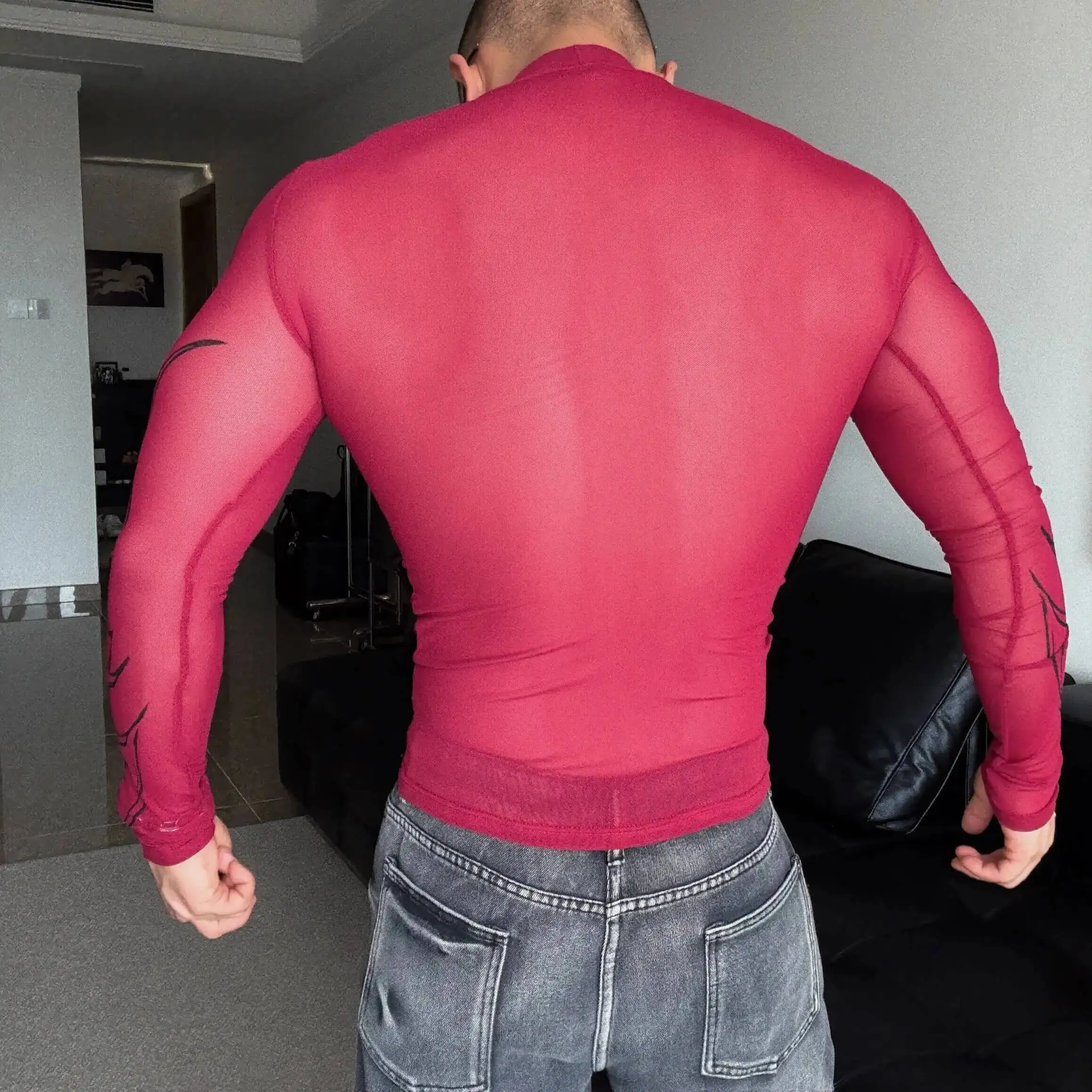 Summer print red sexy party club top Plus size mesh see through t shirt vest