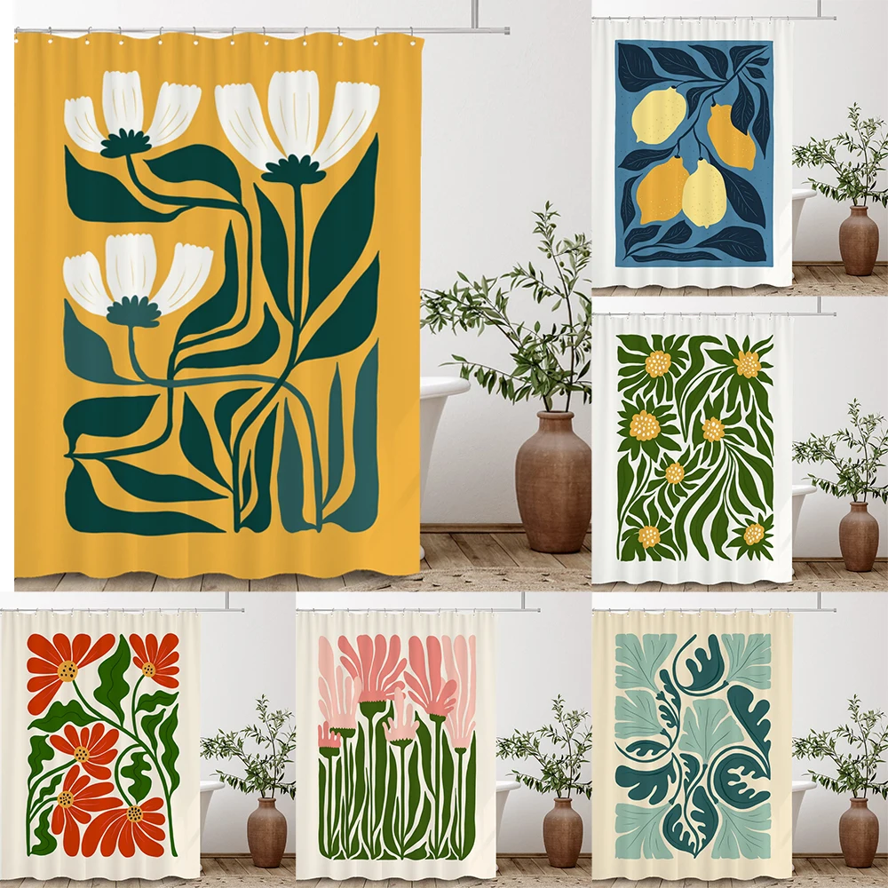 

Artistic Abstract Plants and Flowers Print Shower Curtain Polyester Fabric Bath Curtain With Hooks Curtains For Bathroom Decor
