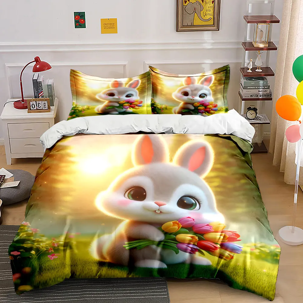 

Cute bunny holding flowers in sunlight Print Soft Comfortable Duvet Cover Bedding Set Included 1*Duvet Cover 2*Pillowcases