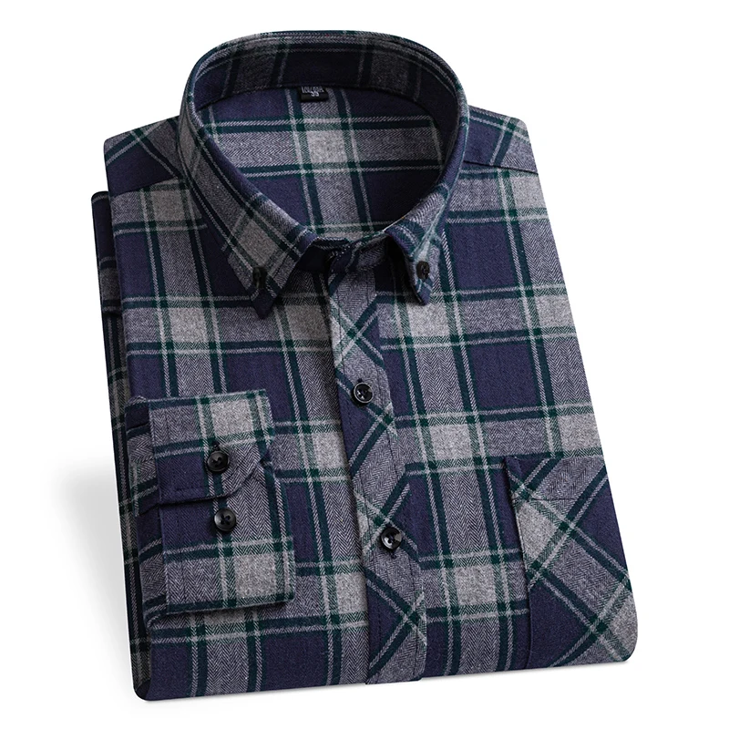 New Men\'s Long Sleeve Casual Shirt Cotton Flannel Plaid Front Pocket Fashion Warm Clothing Businessman Winter Daily Chic Shirts