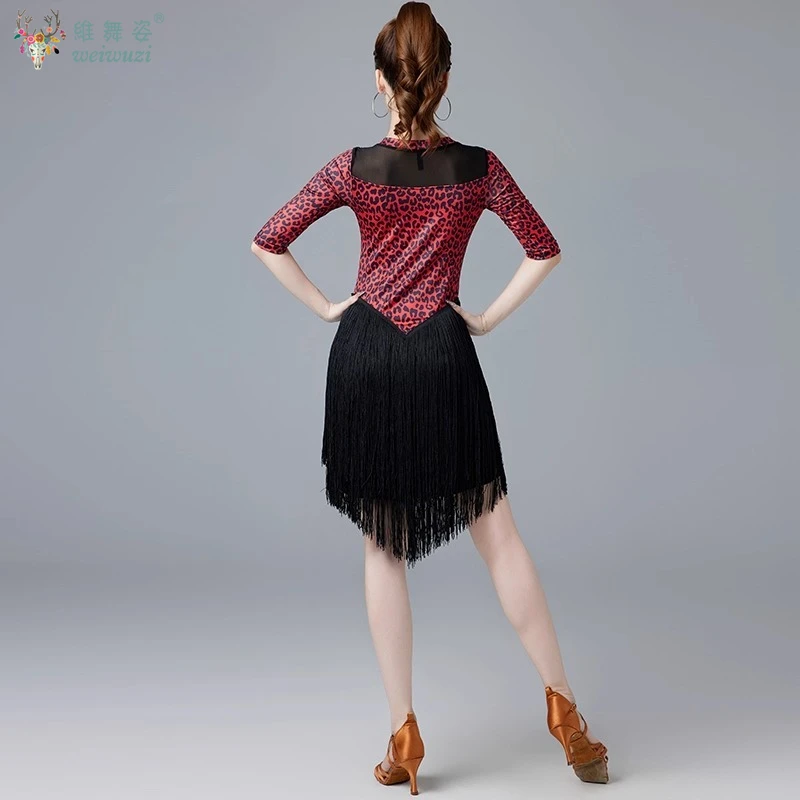 ラテンダンスパフォーマンス衣装セクシーなヒョウ柄タッセルドレス女性大人チャチャサンバルンバプロフェッショナル競技服