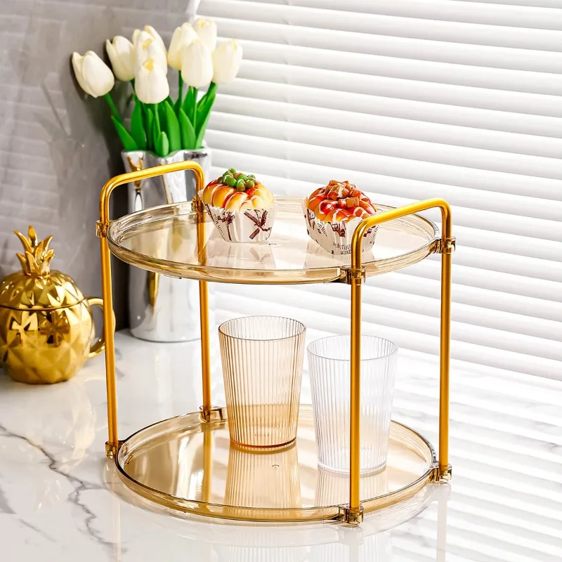 

Light Luxury 2-Tier Round Tray 2023 Style Plate Rack For Snack Fruit Cup Mug Storage In Household Living Room