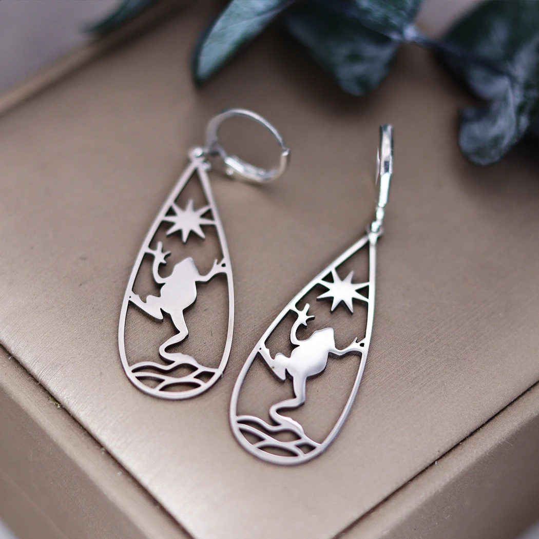 Kinitial Stainless Steel Waterdrop Sun Frog Drop Earrings For Women Summer Jewelry Animal Earring