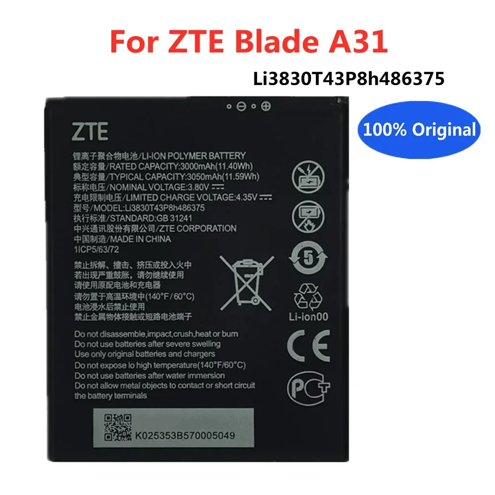 

Оригинальный аккумулятор Li3830T43P8h486375 3050 мАч для телефона ZTE Blade A31, аккумуляторы, аккумулятор, быстрая доставка