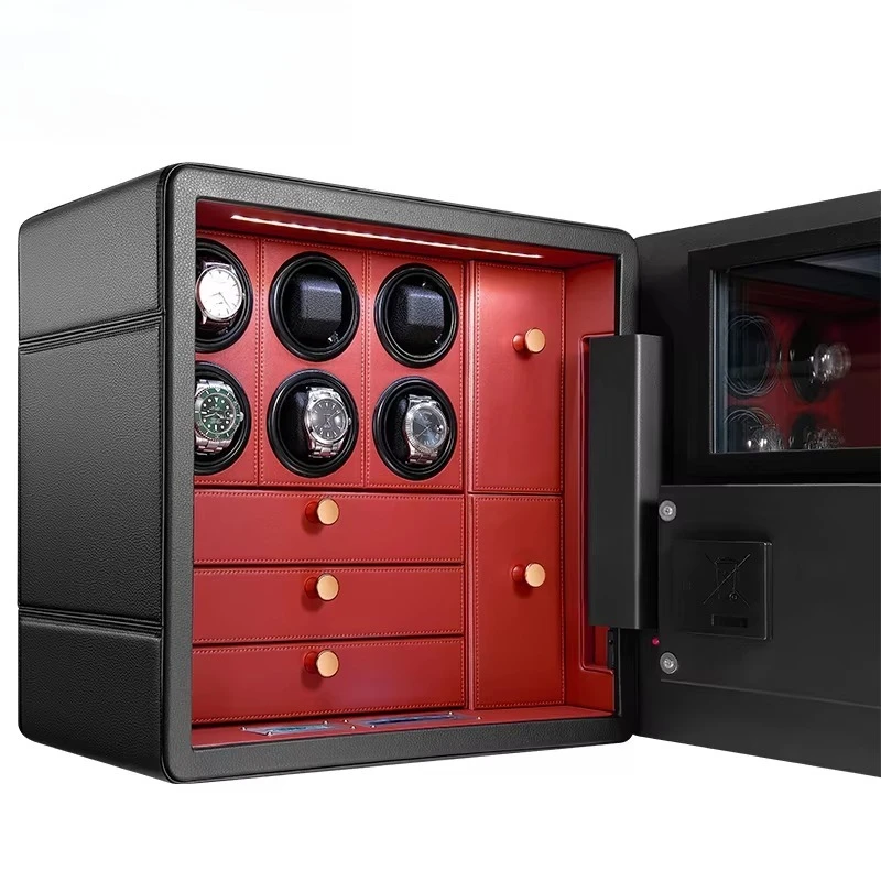 M&Q Custom  Modern 6 Slots Automatic Rotating Motor Watch Winder Safe Box with Fingerprint Code Lock  Jewelry Storage Box