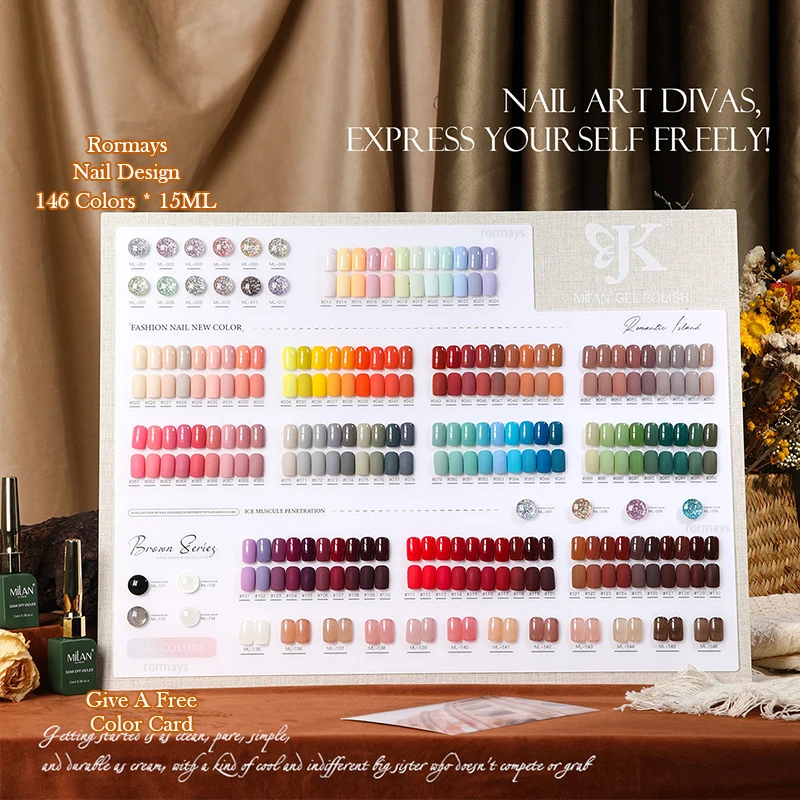 

Rormays Four Season gel Polishing 146 PCS Mixed Varnish Semi Permanent Solid Sequins Bare Color Nail Glue UV LED Nail Salon Kit
