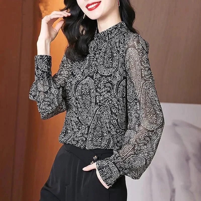 

Женская шифоновая рубашка с принтом, свободная блузка с воротником-стойкой, корейский стиль, весна-осень 2024
