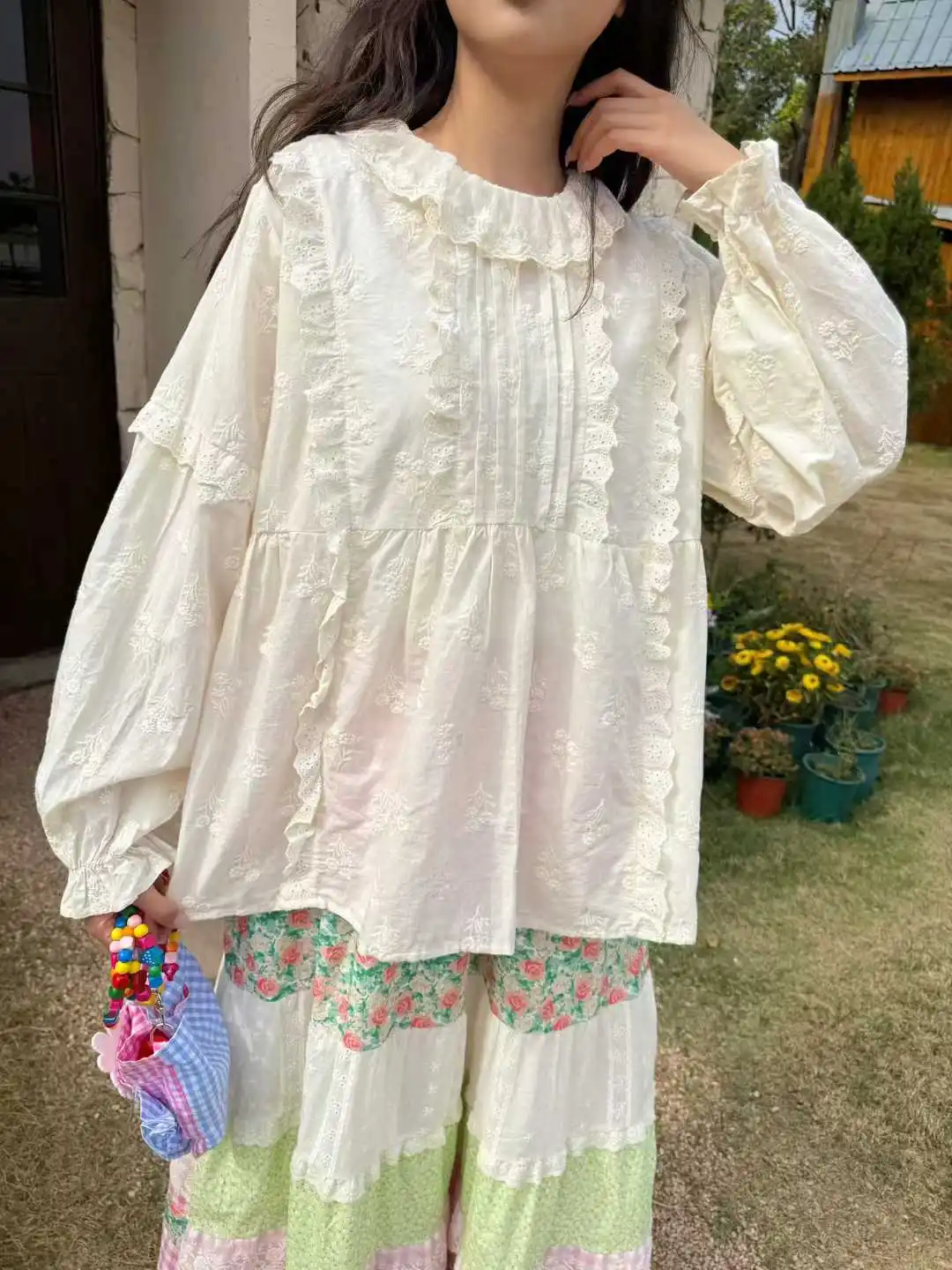 Vintage Autumn Sweet Kawaii Cartton Japanese Mori Girl Cotton Shirt Female Rococo Korean Style Retro Chic Pleated Lace Blouse view 2