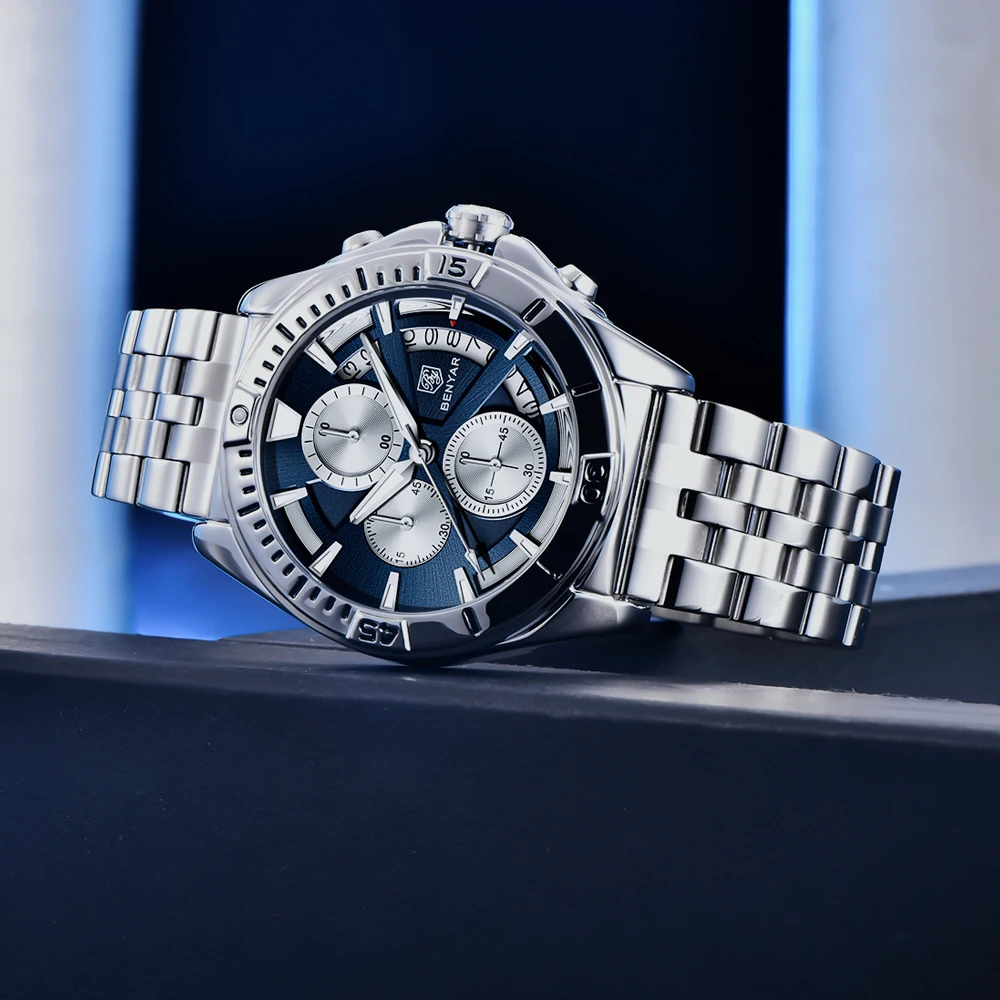 2025 جديد BENYAR ساعات كوارتز رجالي العلامة التجارية الفاخرة كرونوغراف سرعة الرياضة ساعة للرجال الفولاذ المقاوم للصدأ ساعة مقاومة للماء هدية