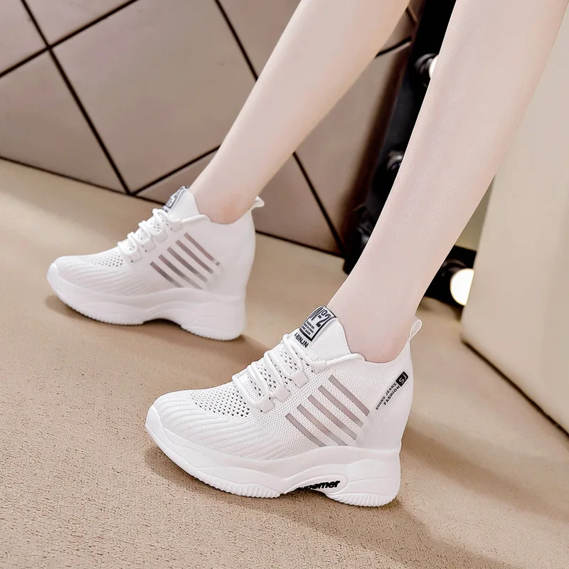 Classics 8CM Genuine Leather Sneakers Platform Shoes Wedge Hidden Heel Pumps Fashion Ventilate Sneakers Women Summer Shoes