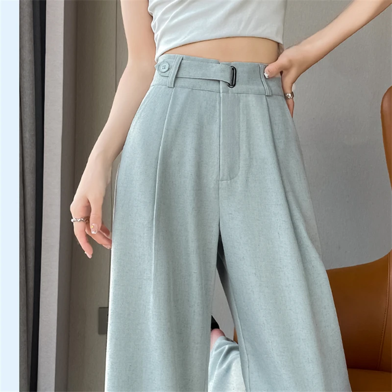 Tuta in lino di cotone a vita alta pantaloni larghi da donna a gamba larga 2024 estate femminile elegante minimalismo pantaloni larghi dritti autunno