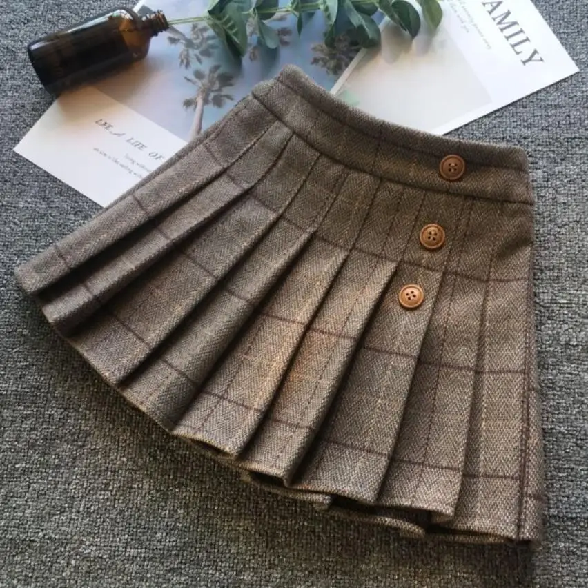 طفل الفتيات الموضة منقوشة الصوفية تنورة مرونة الخصر الطفل مطوي الخريف الشتاء للأطفال تنورة صغيرة