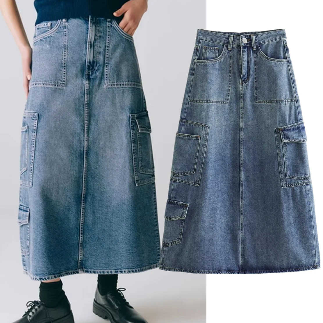 Withered Girls Clothes High Street Vintage High Waist Denim Skirt Fashion Cargo Pockets Midi Skirts Women