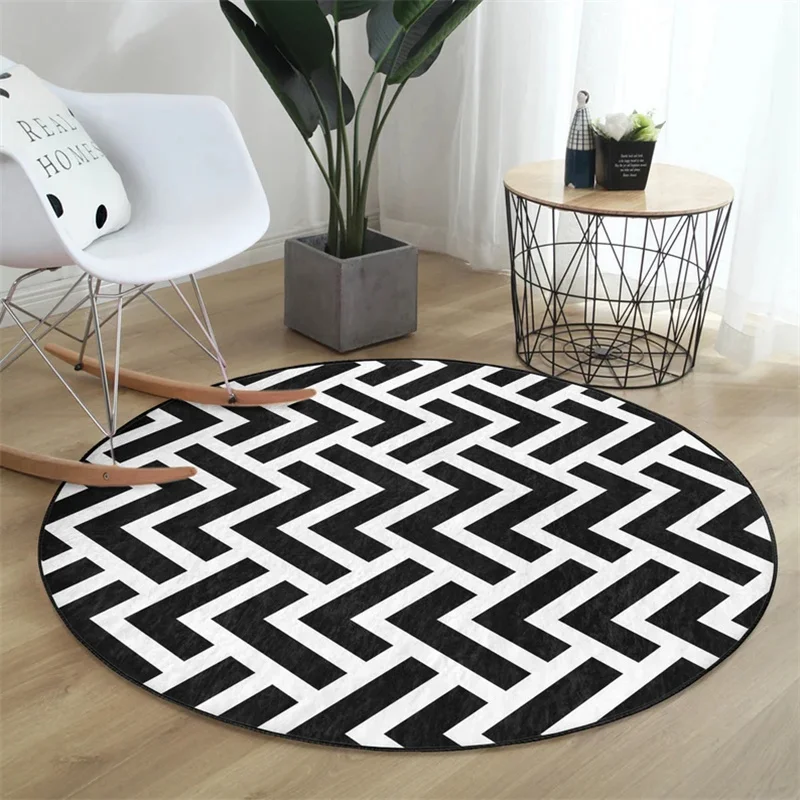 Zigzag Striped Round Rug with Floral Butterfly Design - Non-Slip Circle Floor Mat for Living Room, Bedroom & Home Decor Styling