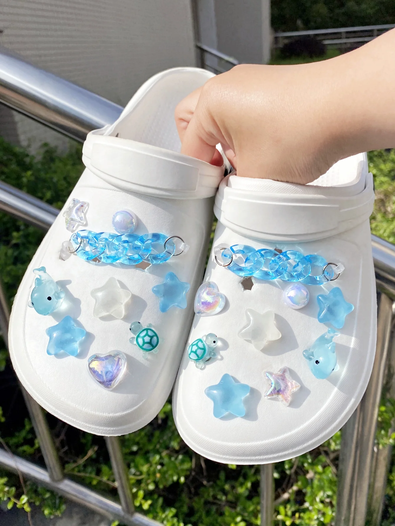 

18 шт. синие прозрачные цепочки, дельфины, звезды, черепахи, прозрачные звезды, сердечки, пряжка для обуви из АБС-пластика с жемчугом, украшения своими руками