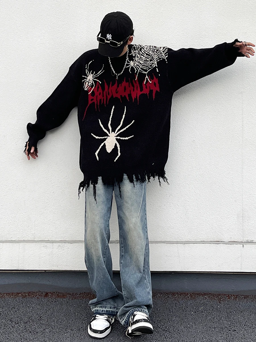 REDDACHIC Men's Tassels Hem Spider Jumper Casual Oversized Top Long Sleeves Destoryed Knit Sweater Punk Retro Grunge Streetwear