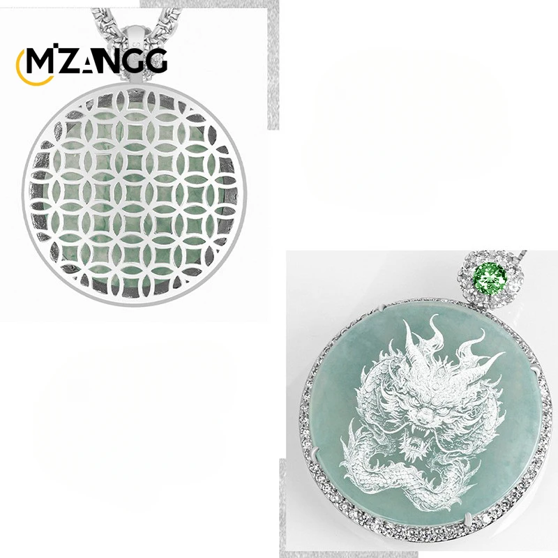 Natural Jadeite Blue Water Shadow Carving Dragon Pendant Silver Ice Buddha GuanYin Necklace Fashion Men\'s and Women\'s Jewelry