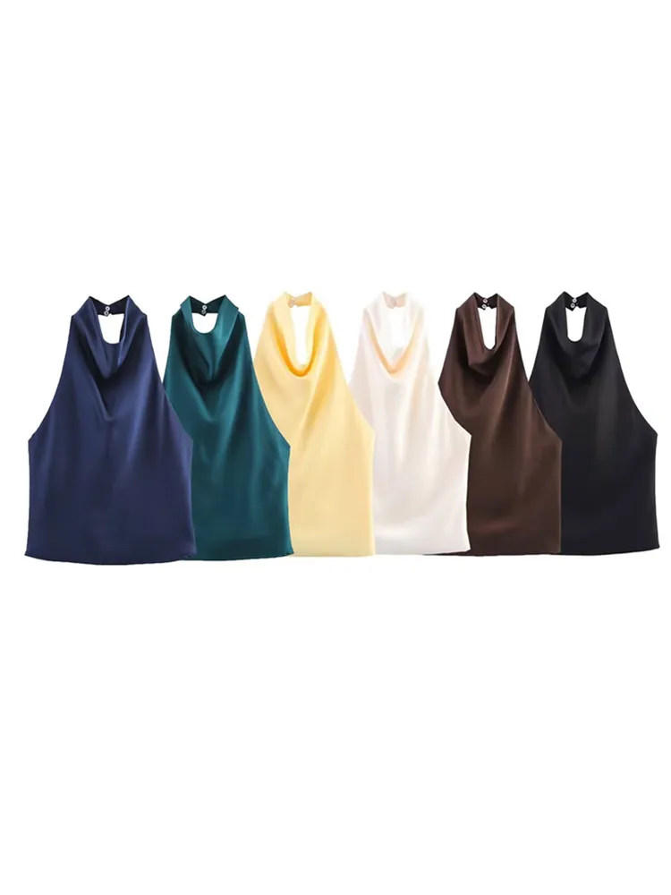 Zevity 2025 Women Chic Solid Color Sleeveless Soft Touch Halter Camis Tank Lady Backless Summer Beach Shirt Blouse Tops LS9365