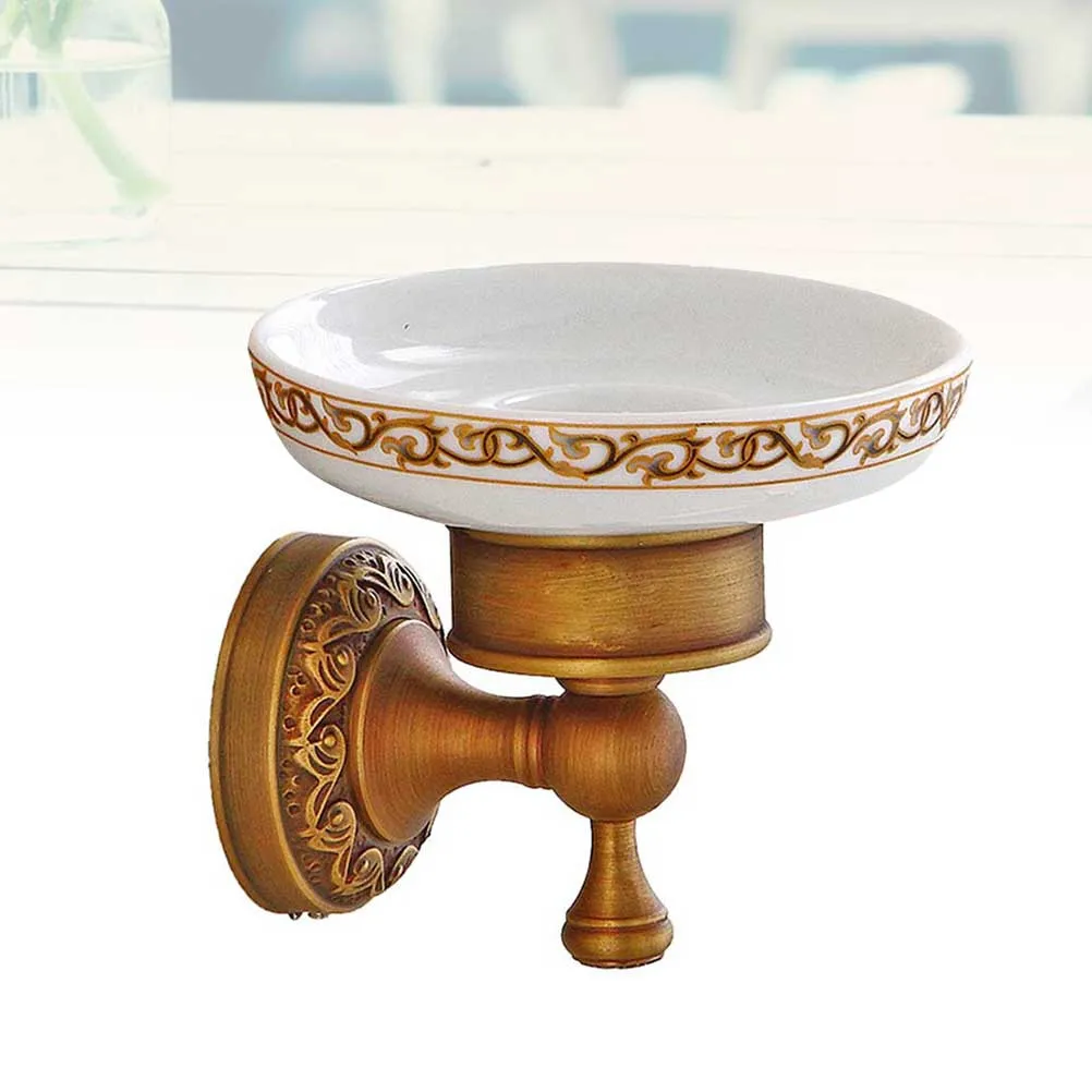Ceramics Soap Tray Solid Brass Holder Wall Mount Retro Patterns Drainable Design Smooth Finish Bathroom