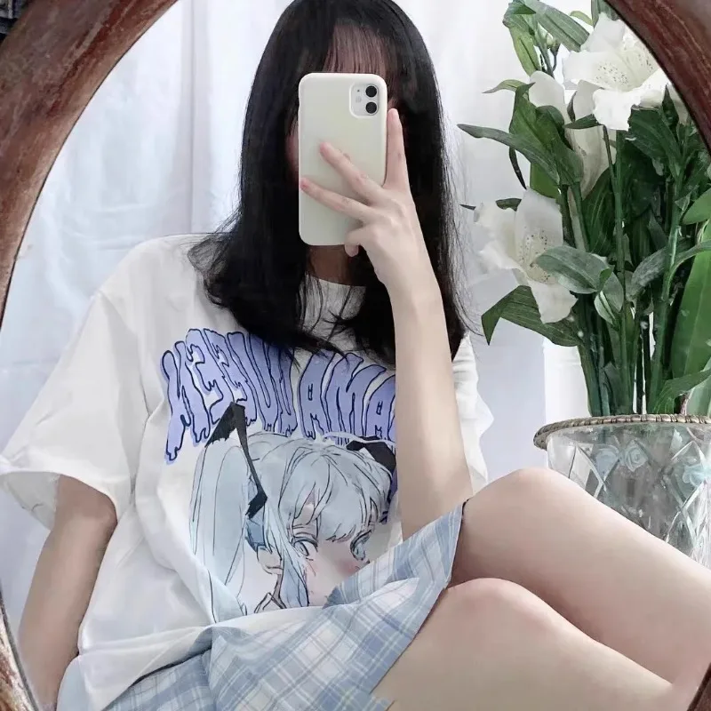 T-shirt for Women Printing Fashion Street Creative Blow Fan Cat Men T-shirts Korean Comfortable Short Sleeve Couple Clothes
