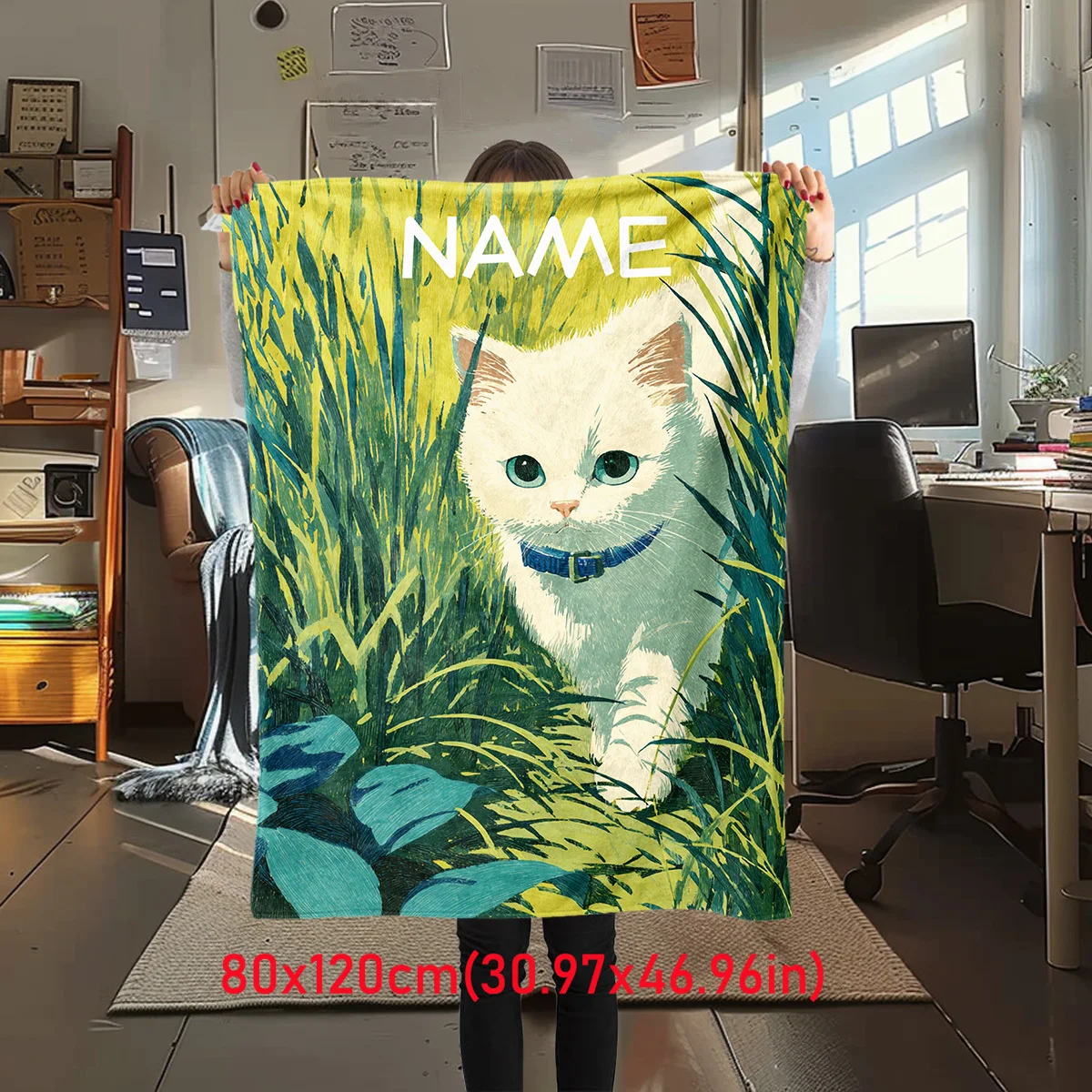 Custom Name White Kitten Flannel Throw Blanket Cute Cat in Green Grass Print Soft Lightweight Personalized Blanket for Sofa Bed