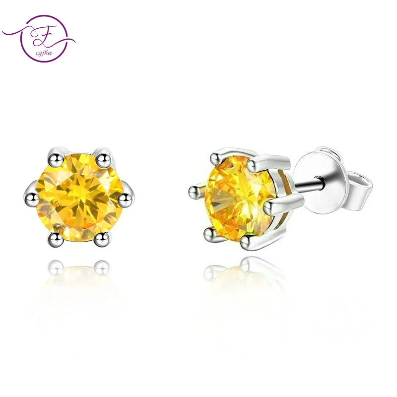 

Female Ear Studs Silver Fine Jewelry Round AAAAA Gold Yellow Zircon Wedding Engaging Party Anniversary Gifts Fine Jewelry FCGJHW