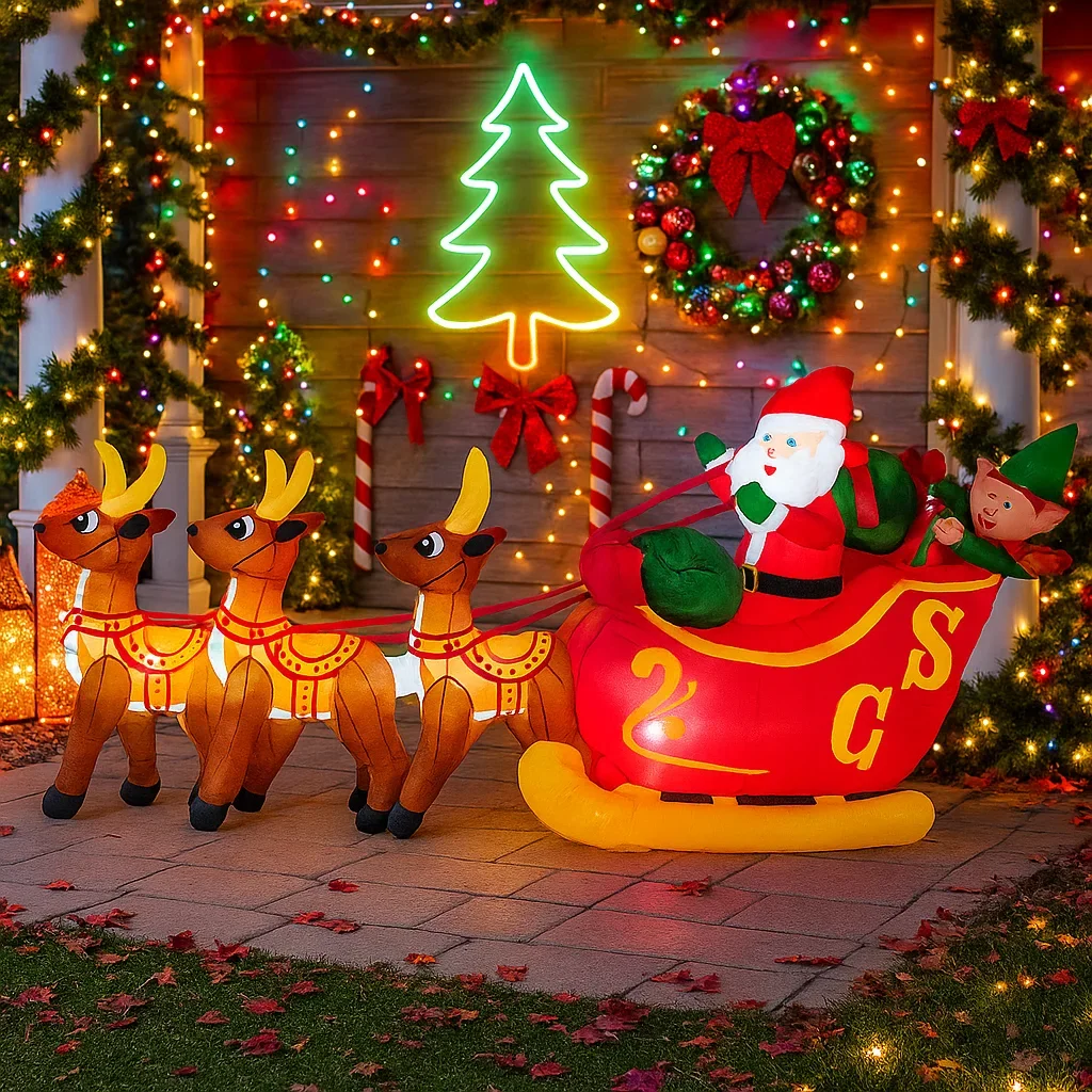 11.8FT Santa Claus Reindeer Sleigh Inflatable Christmas Decorations Ornaments Lights Outdoor Decoration Yard Holiday Party Toys