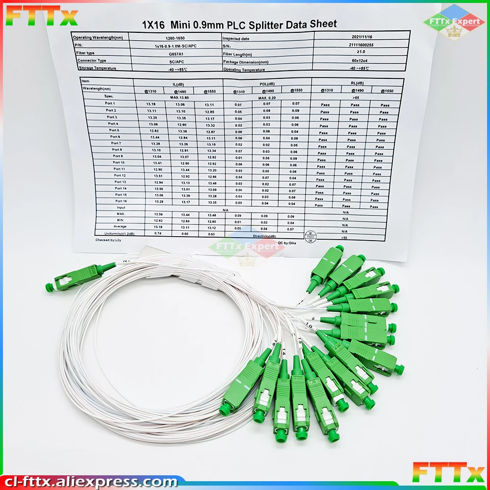 Free Shipping 10pcs/lpt FTTH 1X16 PLC SC/APC SM 0.9mm PVC G652D 1m FTTH Fiber Optic Splitter SC APC