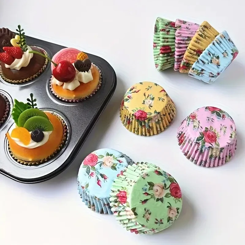 100Pcs Flower-Shaped Cake Paper Liners, Oil-Proof Baking Paper Cups, Muffin Molds, Baking Tools, Kitchen Gadgets, Kitchen Accessories Suitable for Birthdays, Weddings, and Holiday Parties