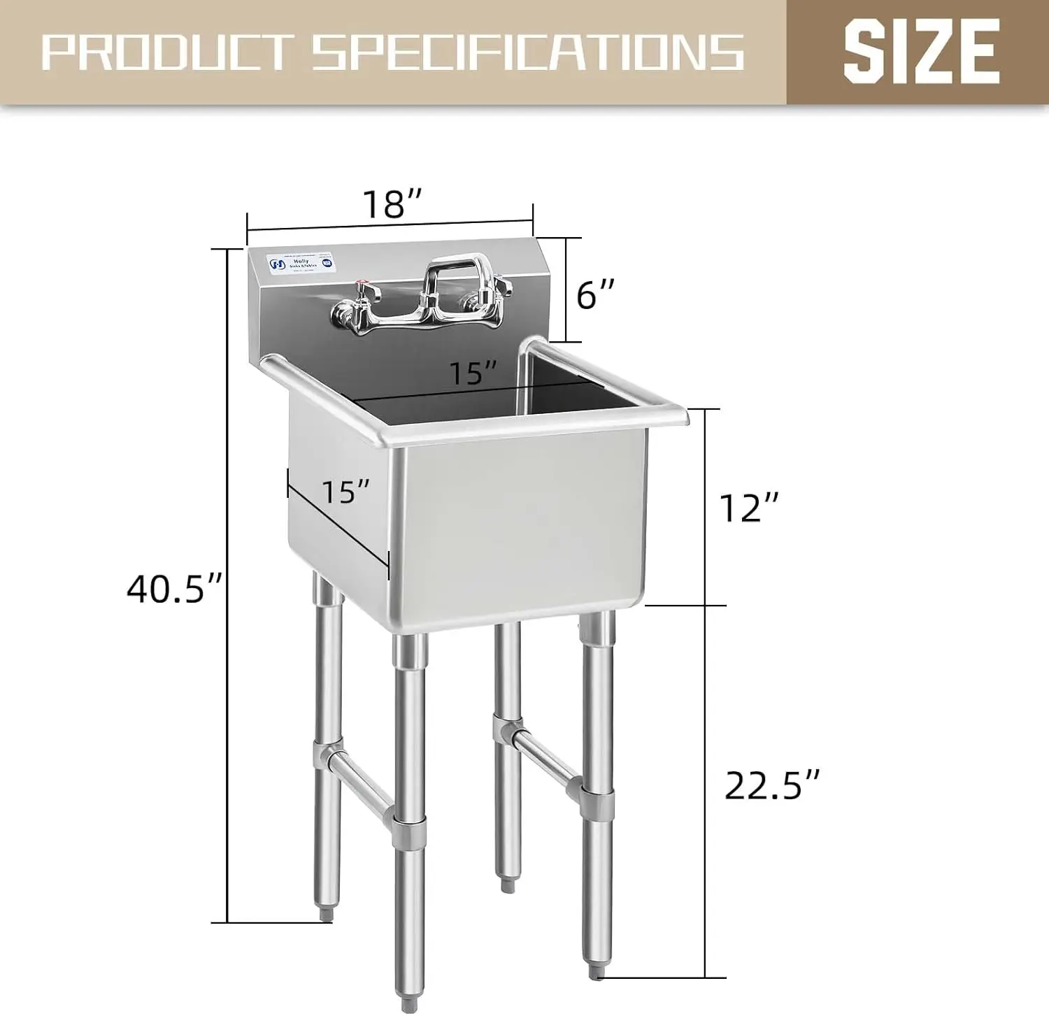 Commercial Stainless Steel Sink 1 Compartment NSF Prep Utility Sink with 8