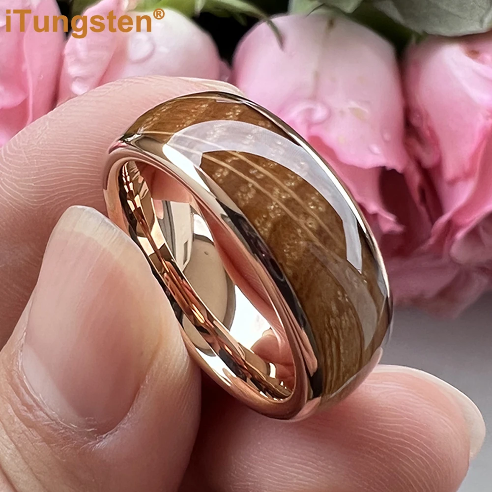 iTungsten 8mm Cool Whiskey Barrel Oak Wood Ring Tungsten Engagement Wedding Band for Men Women Domed Polished Comfort Fit