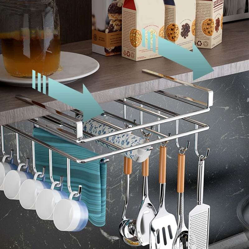 Multifunctional Rack Stainless Steel Kitchen Hanging Cabinet Paper Towel Rags Hanger Cutting Board Holder Storage Easy Life Rack