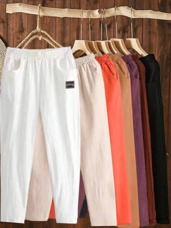 Summer 2025 Women's Loose Harem Pants Cotton Linen Casual Thin Mom Pants Versatile Eight Nine Points High Waist Elastic Waist