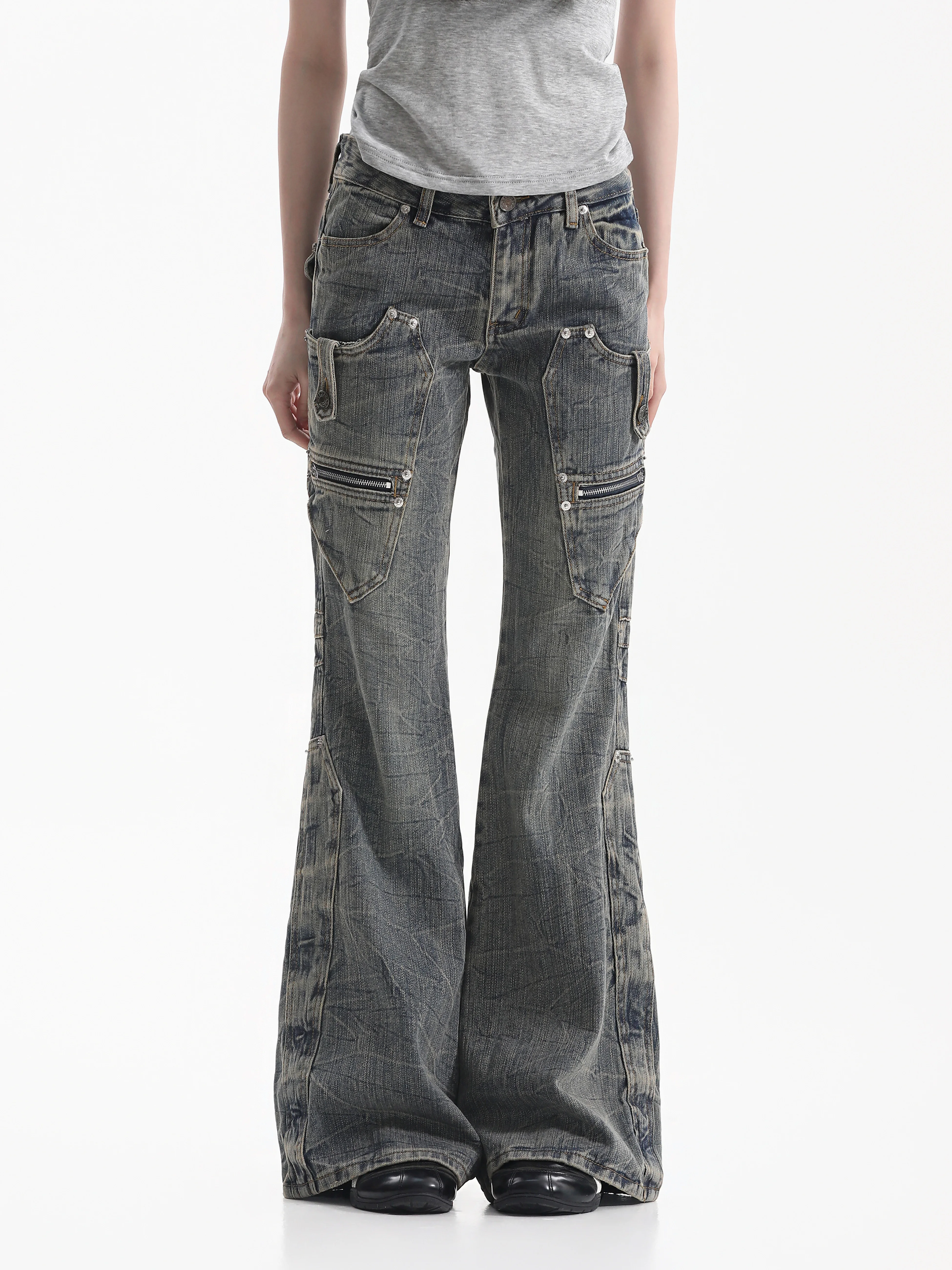 Washed Denim Micro Flared Pants Women's Multi Pocket Pleated Design American Style Lightweight Casual Jeans Loose Fit Jeans
