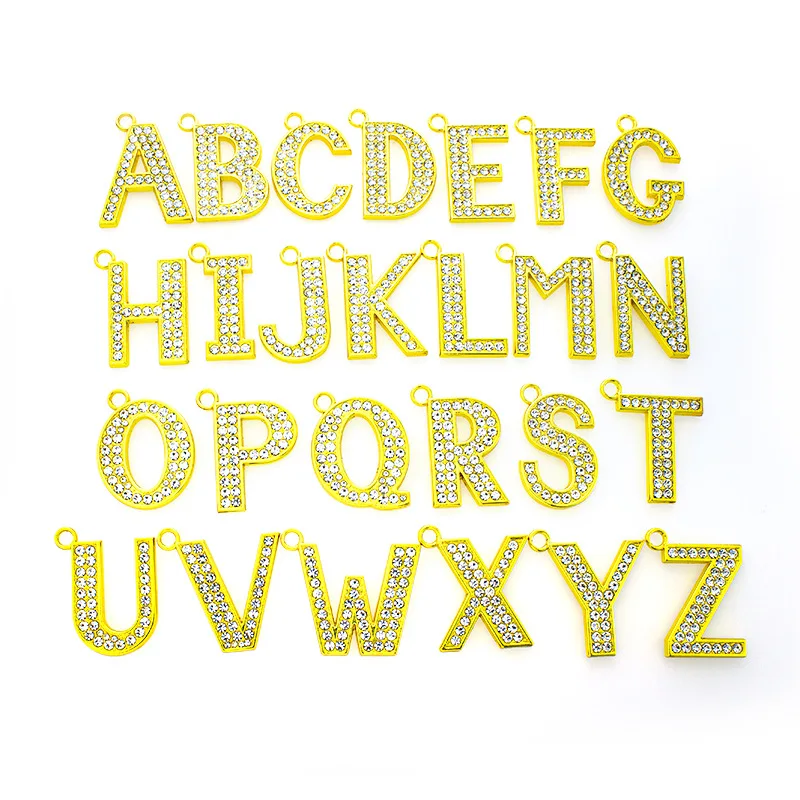 1PC golden color 35MM Full rhinestones pendant Letter diy Alphabet charms A-Z Fit For Pet Dog Collar Tag necklace keychains