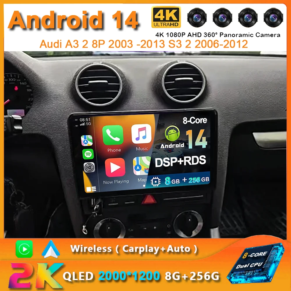 

2K QLED For Audi A3 2 8P 2003 -2013 S3 2 2006-2012 RS3 Android 14 Car Radio Multimedia Video Player GPS AI Voice CarPlay 4G