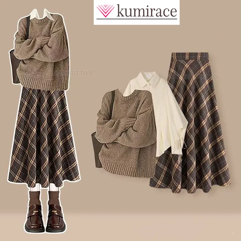 

Autumn and Winter Temperament Set, Women's Retro Age Reducing Knitted Sweater Shirt+slimming Plaid Skirt Three Piece Set